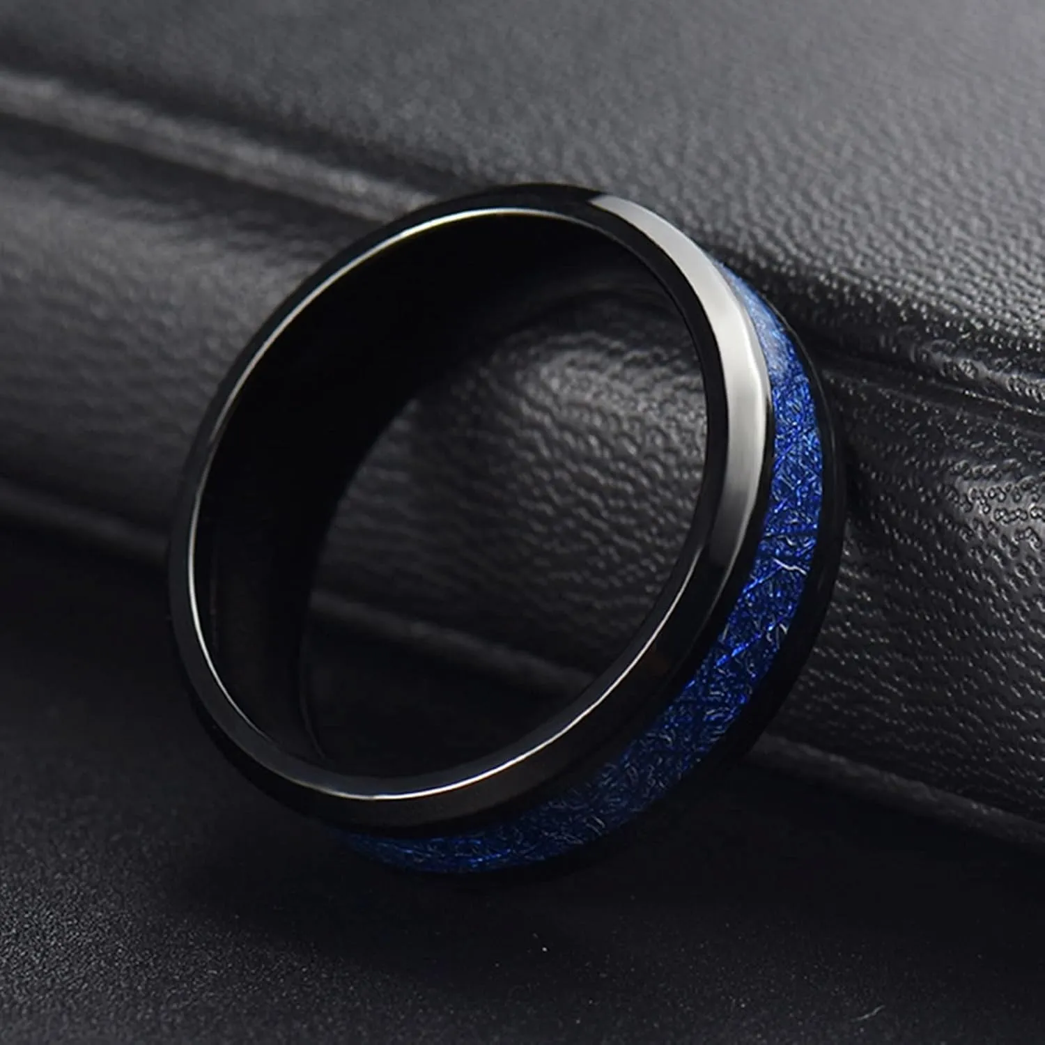 Middle Finger Rings for Women, Stainless Steel Ring for Men 8mm Black Ring Inlay Blue Metal Engagement Couple Rings