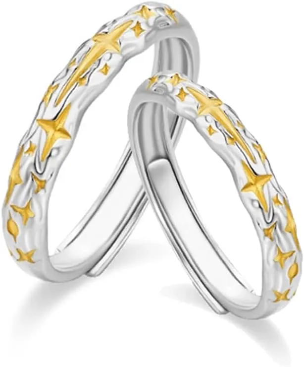 Milky Way Matching Couple Rings for Him And Her S925 Sterling Silver Starry Sky Lucky Star Engagement Wedding Promise Band Adjustable Finger Bands Ring Set Fashion Statement Jewelry Gift Valentine Day