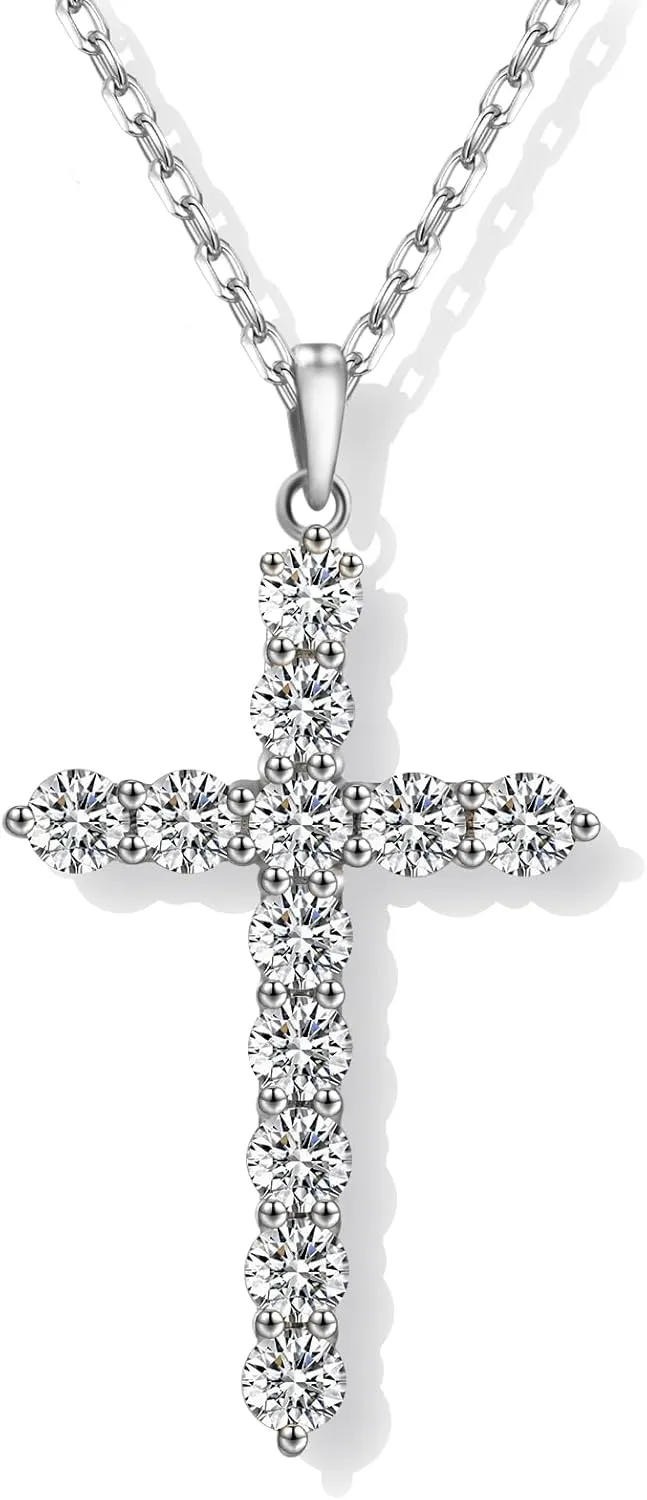 Moissanite Cross Necklace for Women, Diamond Cross Necklaces for Men, Sterling Silver or Gold Cross Necklaces for Women, Cross Faith Pendant Necklace for Father's Day (Silver)