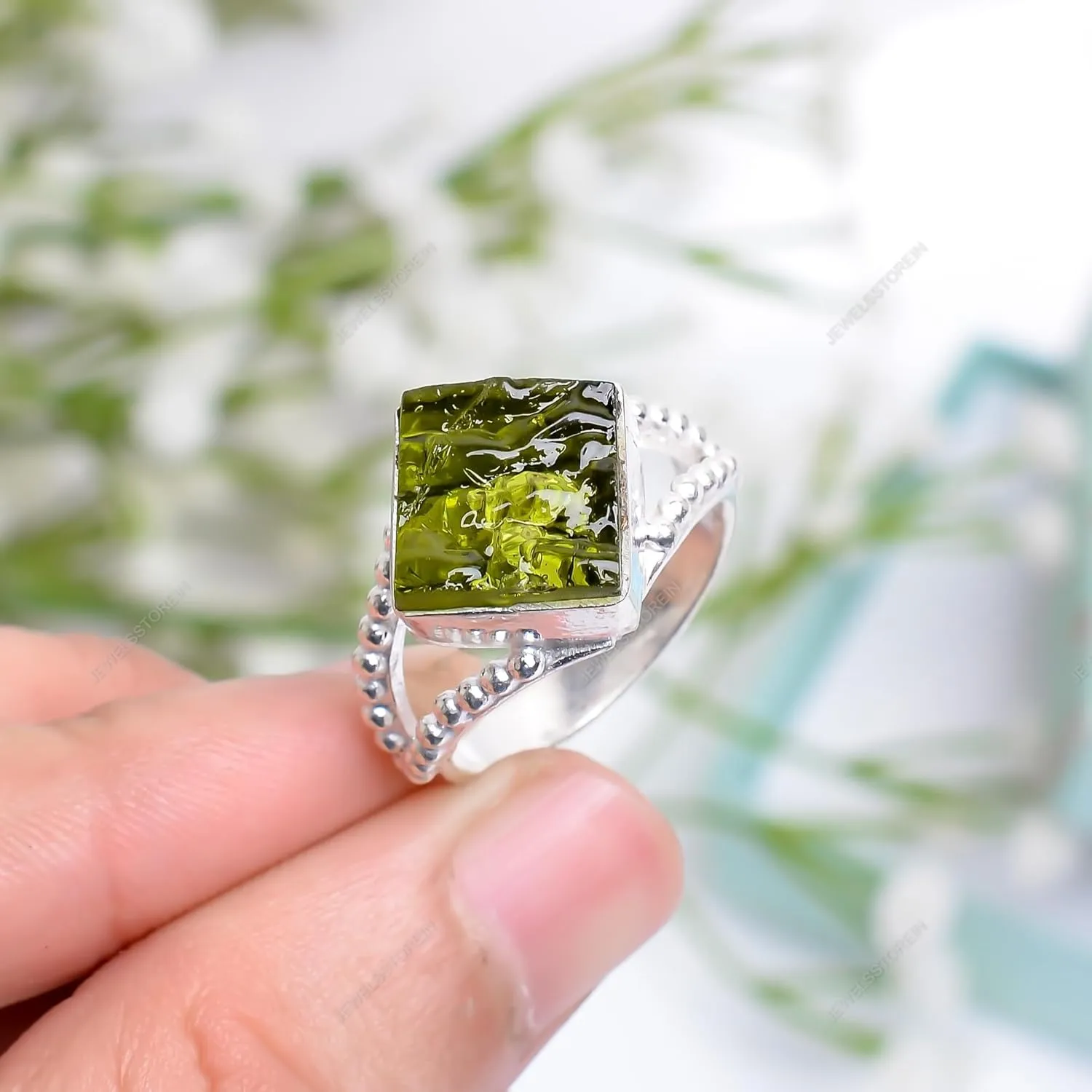 Moldavite Gemstone Ring Synthetic Crystal Energy High Vibration Gemstone Jewellery Silver Rings Gift for Birthday, Anniversary