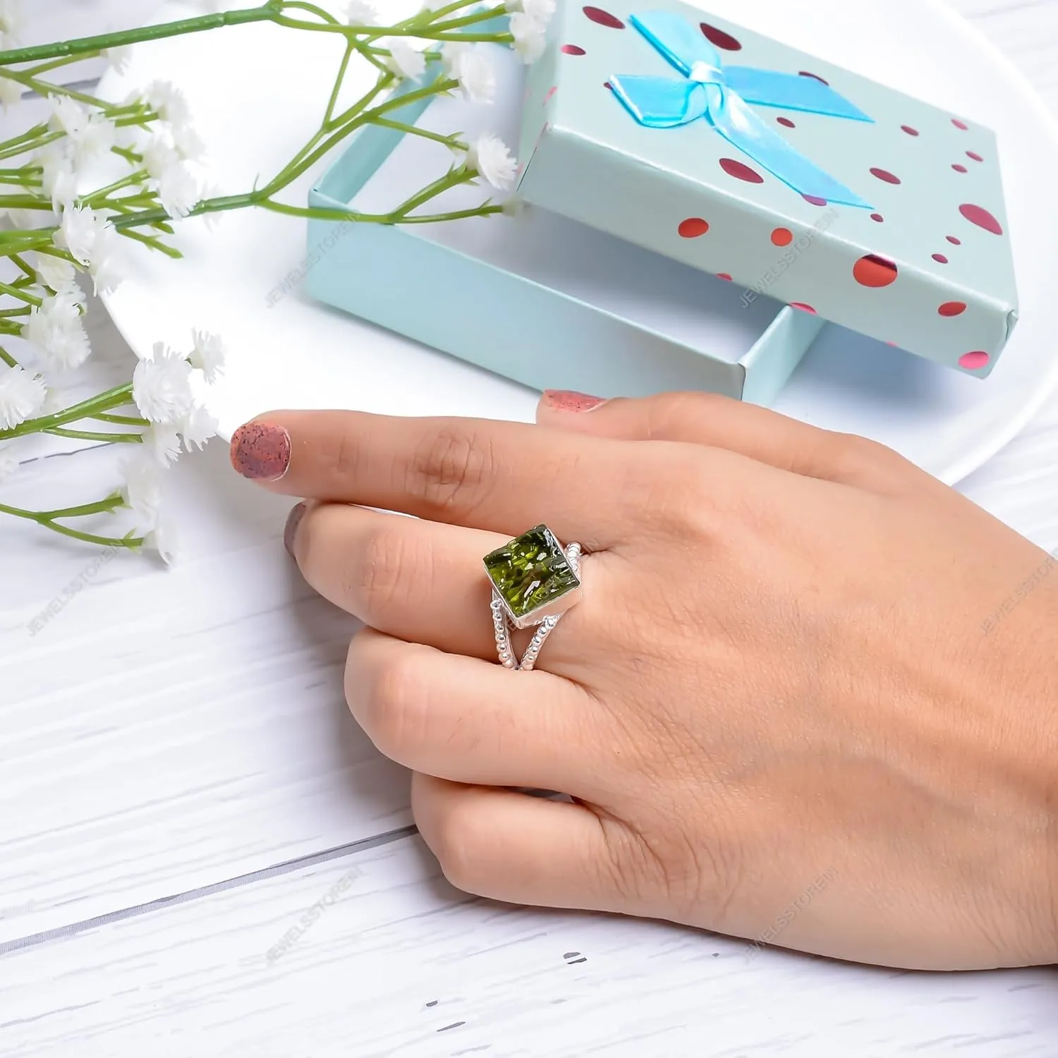 Moldavite Gemstone Ring Synthetic Crystal Energy High Vibration Gemstone Jewellery Silver Rings Gift for Birthday, Anniversary
