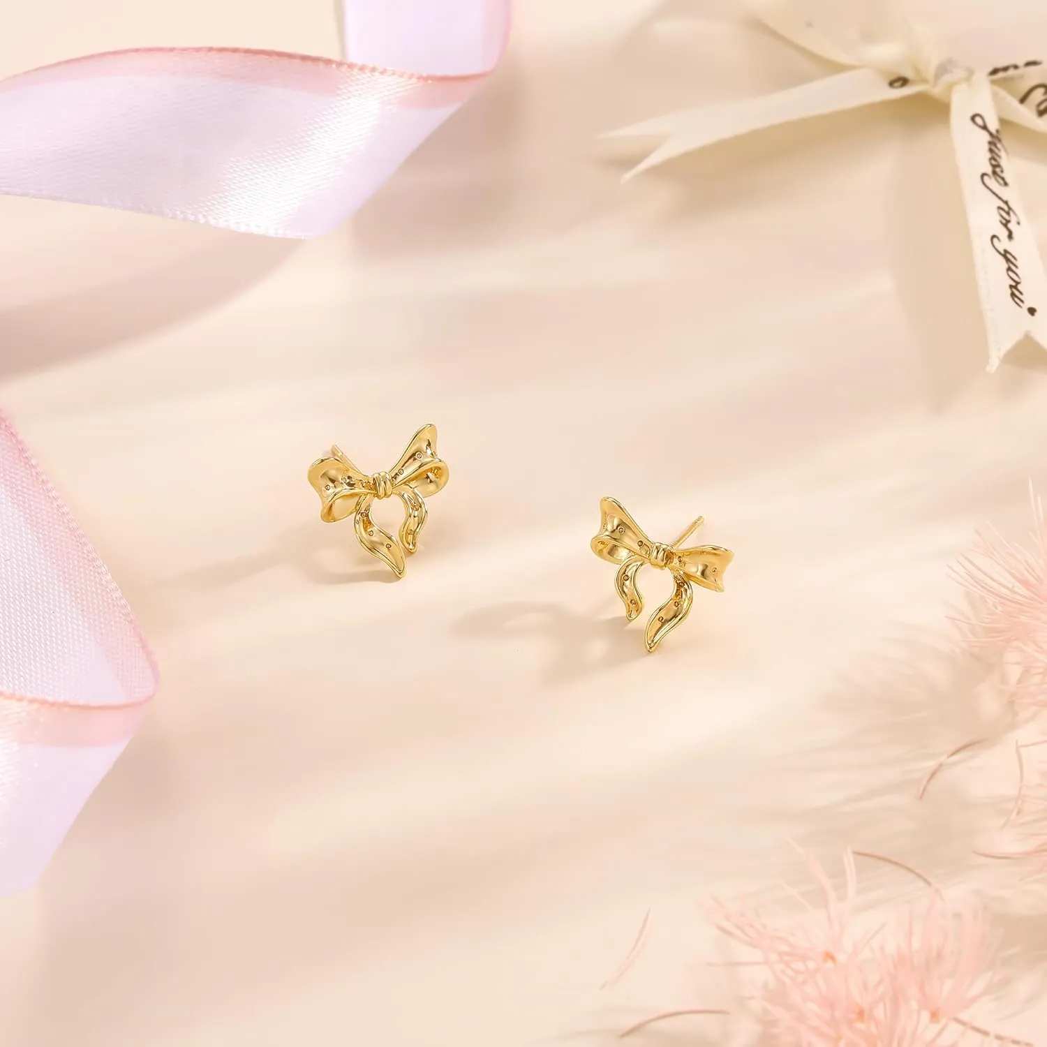 Moodear Gold Bow Earrings Dainty Bow Ribbon Stud Earrings for Women Trendy Cute Statement 14K Gold/Silver Plated Hypoallergenic Drop Bowknot Hoop Dangle Earrings Jewelry Gifts for Women