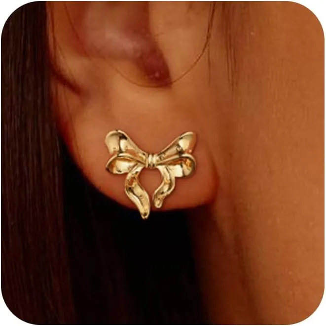 Moodear Gold Bow Earrings Dainty Bow Ribbon Stud Earrings for Women Trendy Cute Statement 14K Gold/Silver Plated Hypoallergenic Drop Bowknot Hoop Dangle Earrings Jewelry Gifts for Women