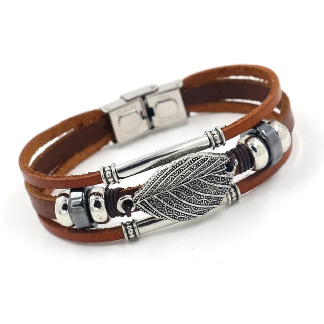 Multi-Layer Leather Charm Bracelet Vintage Handmade Evil Eye Bracelet Unisex