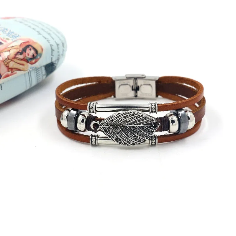 Multi-Layer Leather Charm Bracelet Vintage Handmade Evil Eye Bracelet Unisex