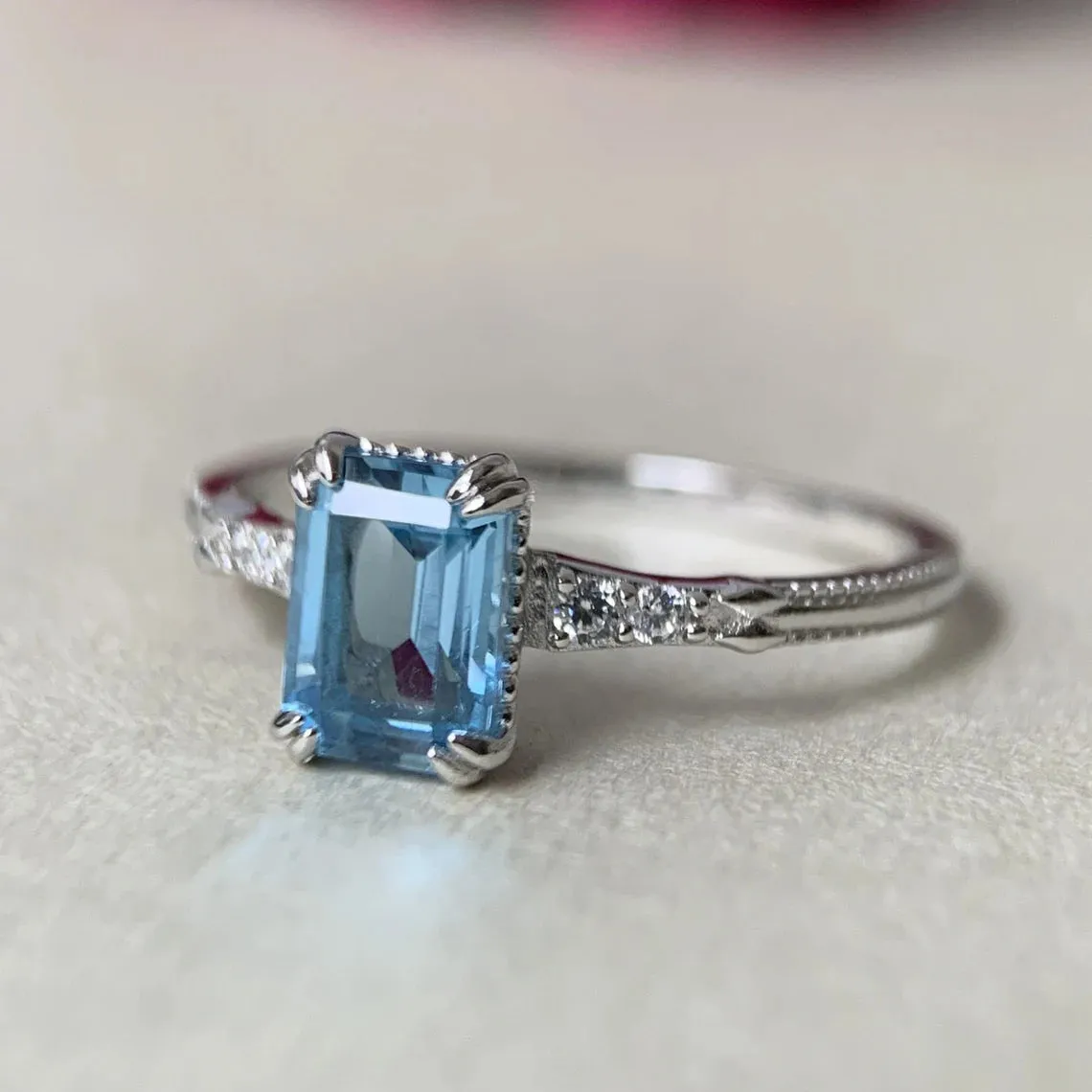 Natural Emerald Cut Blue Topaz Solitaire Statement Rings - 925 Sterling Silver Ring