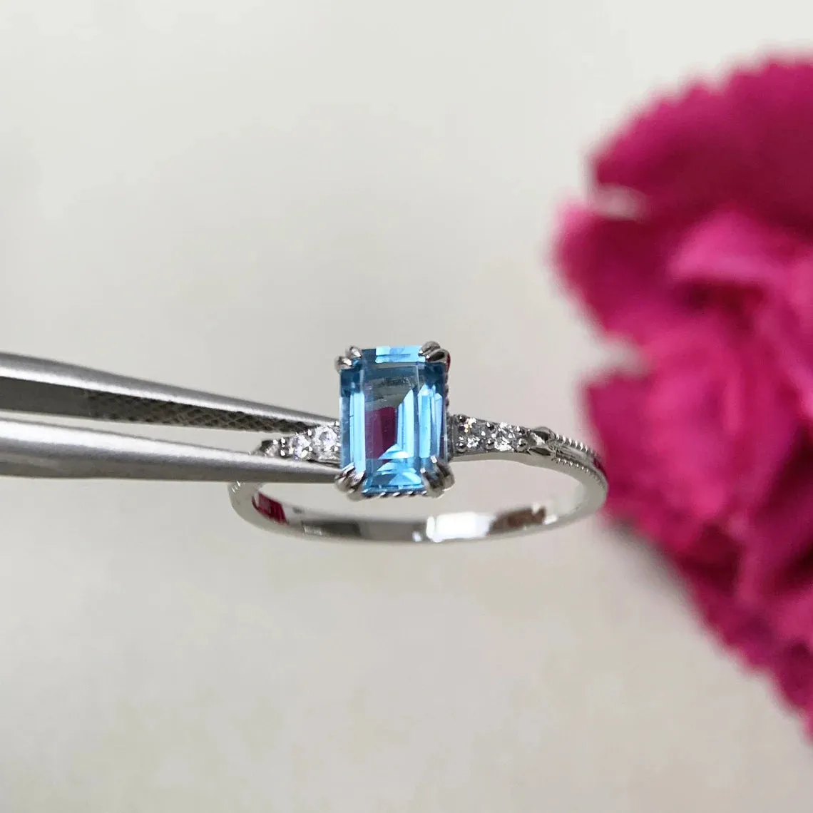 Natural Emerald Cut Blue Topaz Solitaire Statement Rings - 925 Sterling Silver Ring