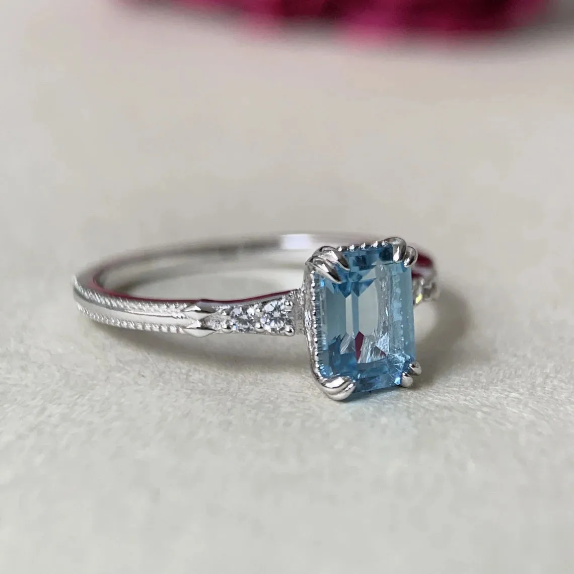 Natural Emerald Cut Blue Topaz Solitaire Statement Rings - 925 Sterling Silver Ring