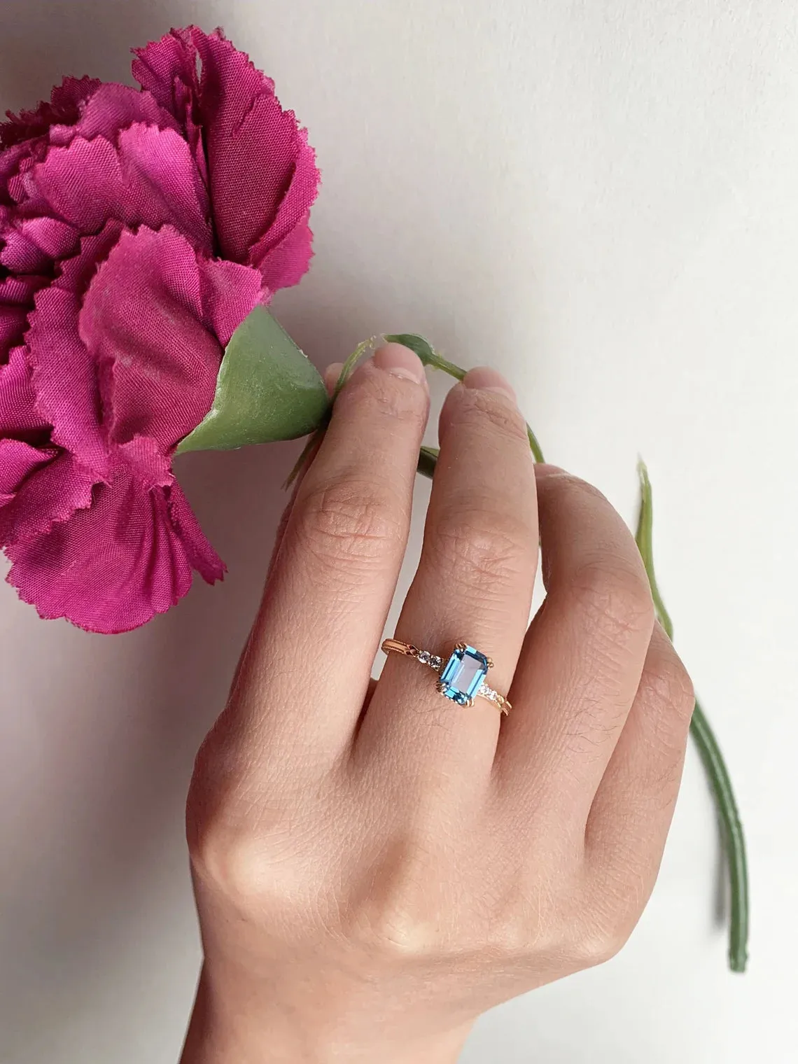 Natural Emerald Cut Blue Topaz Solitaire Statement Rings - 925 Sterling Silver Ring