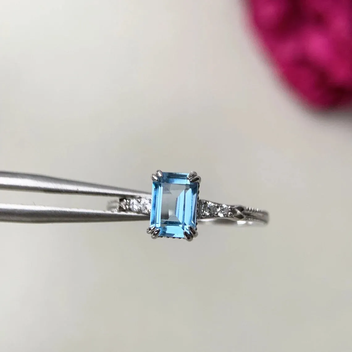 Natural Emerald Cut Blue Topaz Solitaire Statement Rings - 925 Sterling Silver Ring
