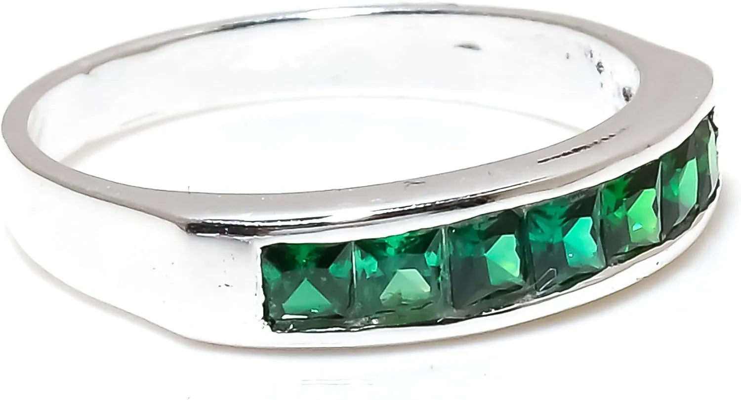Natural Emerald Gemstone Statement Ring | 925 Sterling Silver Band for Womens | Gemstone Stacking Eternity Rings | Baguette 4x4 mm