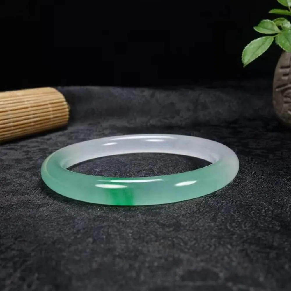 Natural Jade Bangles, Jade Color Bracelet, Jade Bangle Bracelet, Half Green Half White Floating Flower Thin Round Bracelets, Jade Bracelet, with Jewelry Box, 54-,54mm