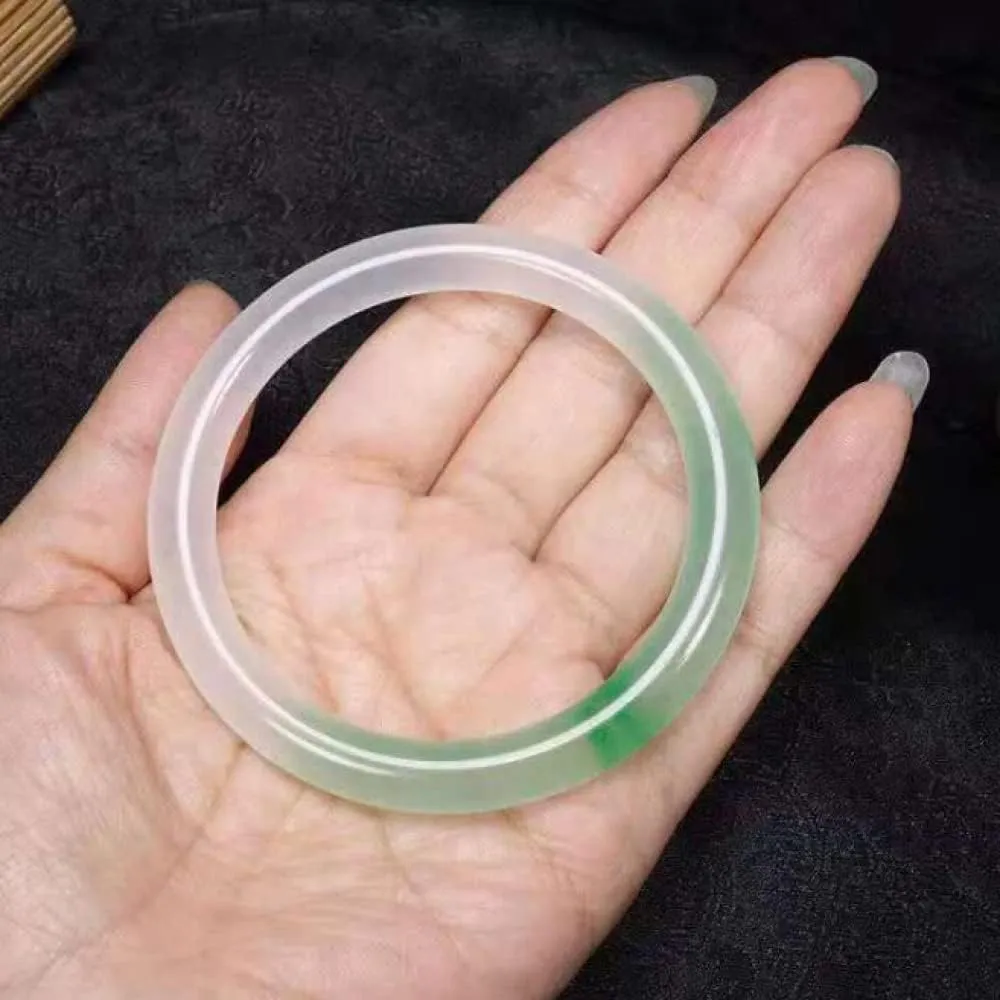 Natural Jade Bangles, Jade Color Bracelet, Jade Bangle Bracelet, Half Green Half White Floating Flower Thin Round Bracelets, Jade Bracelet, with Jewelry Box, 54-,54mm