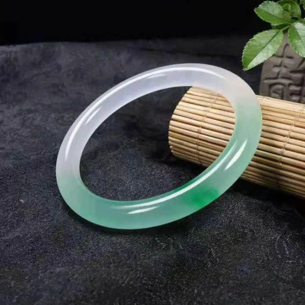 Natural Jade Bangles, Jade Color Bracelet, Jade Bangle Bracelet, Half Green Half White Floating Flower Thin Round Bracelets, Jade Bracelet, with Jewelry Box, 54-,54mm