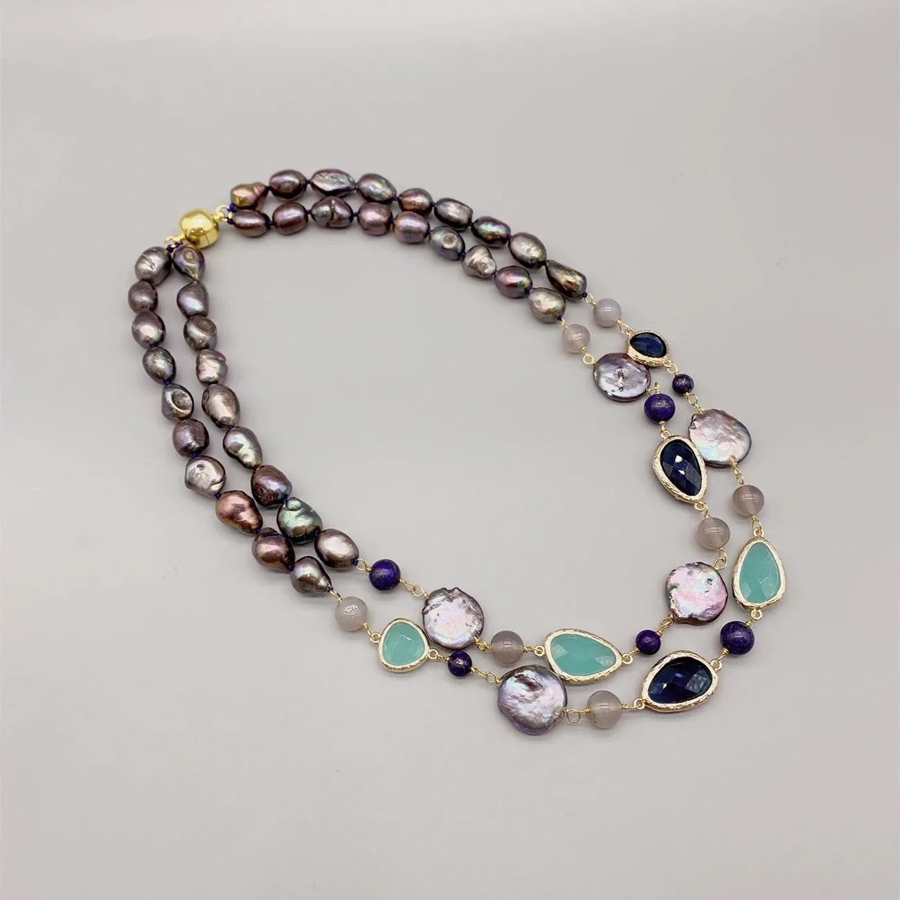 Natural Pearl And Aqua Blue Quartz & Lapis Gemstone Necklace
