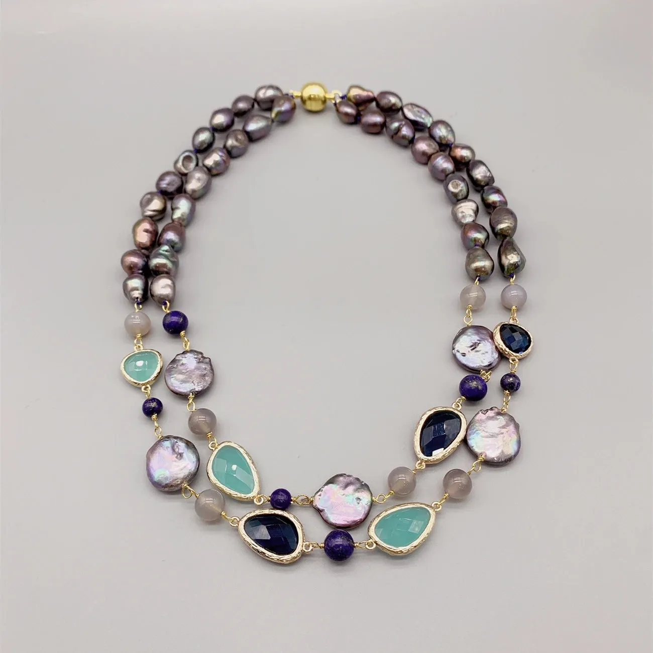Natural Pearl And Aqua Blue Quartz & Lapis Gemstone Necklace