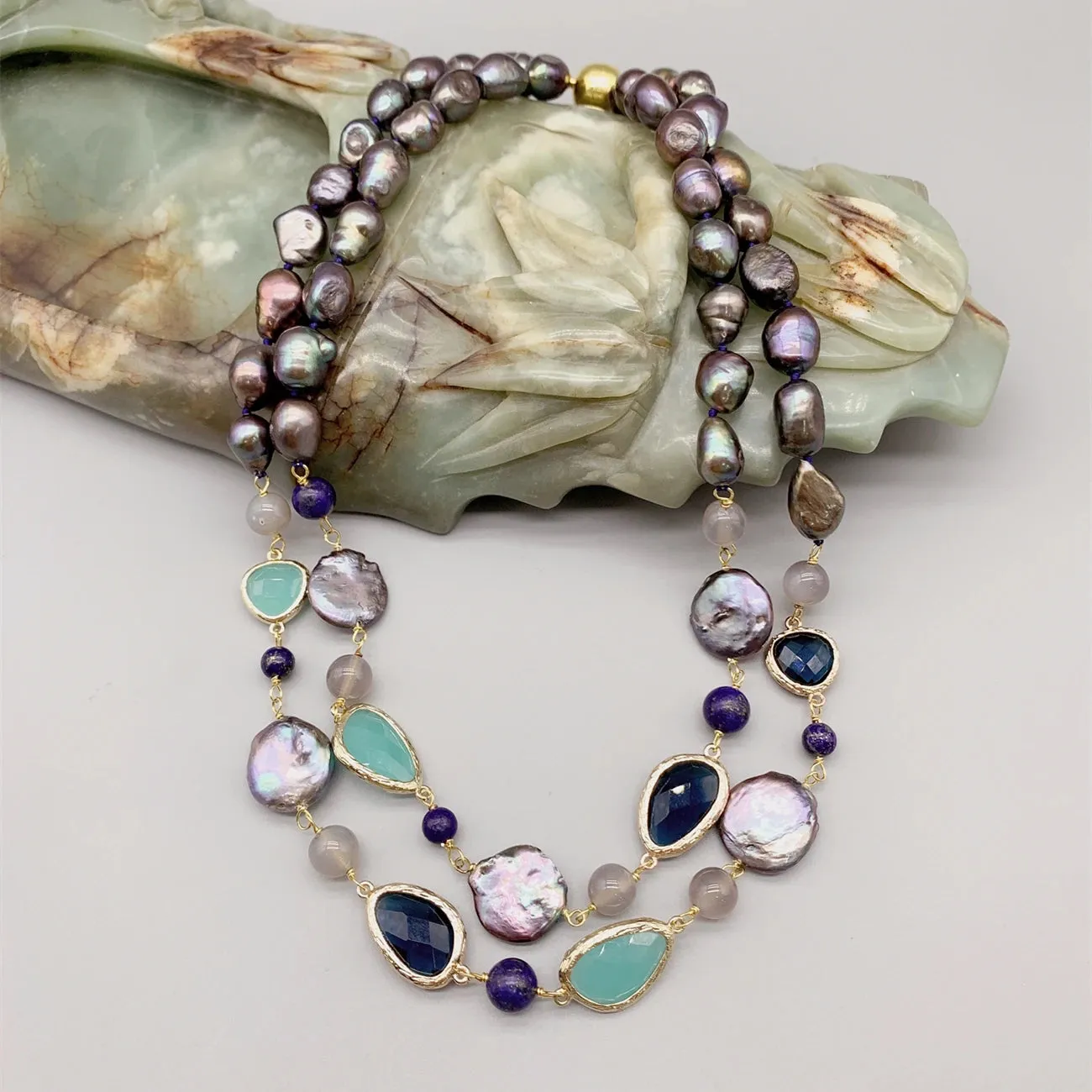 Natural Pearl And Aqua Blue Quartz & Lapis Gemstone Necklace