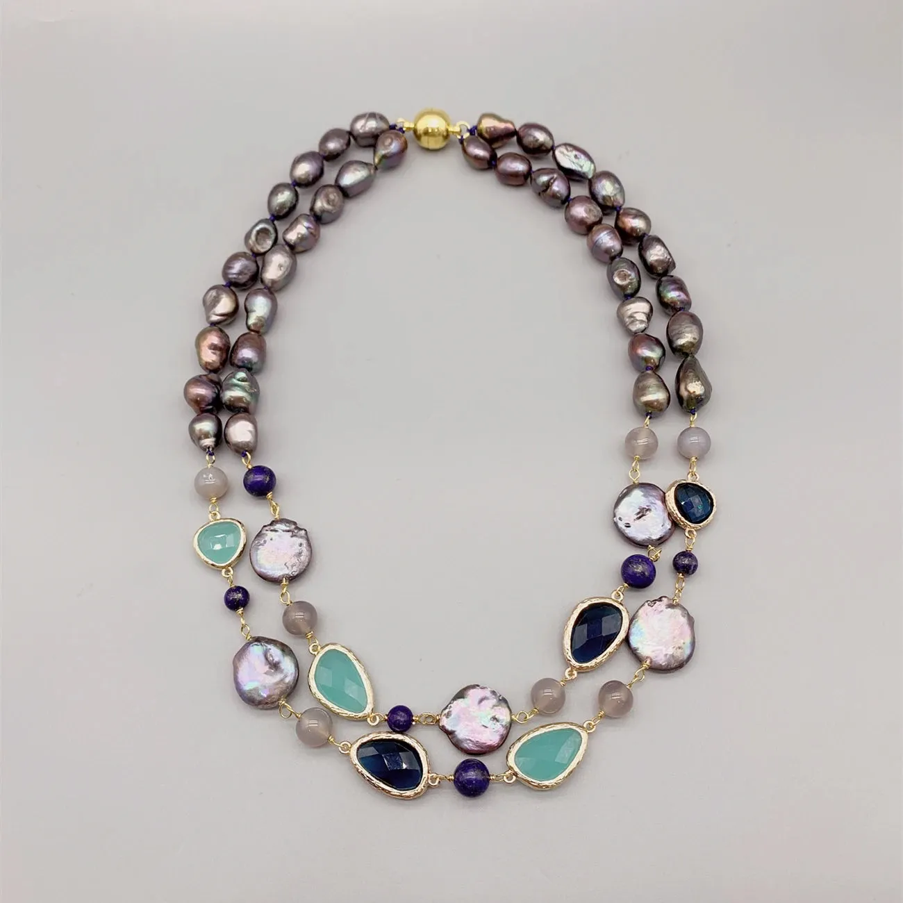 Natural Pearl And Aqua Blue Quartz & Lapis Gemstone Necklace