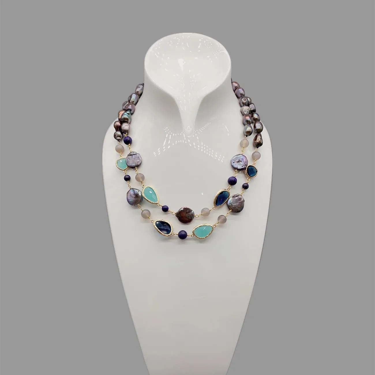 Natural Pearl And Aqua Blue Quartz & Lapis Gemstone Necklace