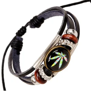 Newest Harajuku Style Women Leather Maple Leaf Bracelet Wristband Punk Rock Vintage Jewelry Color Weed Round Resin Bead Bracelet