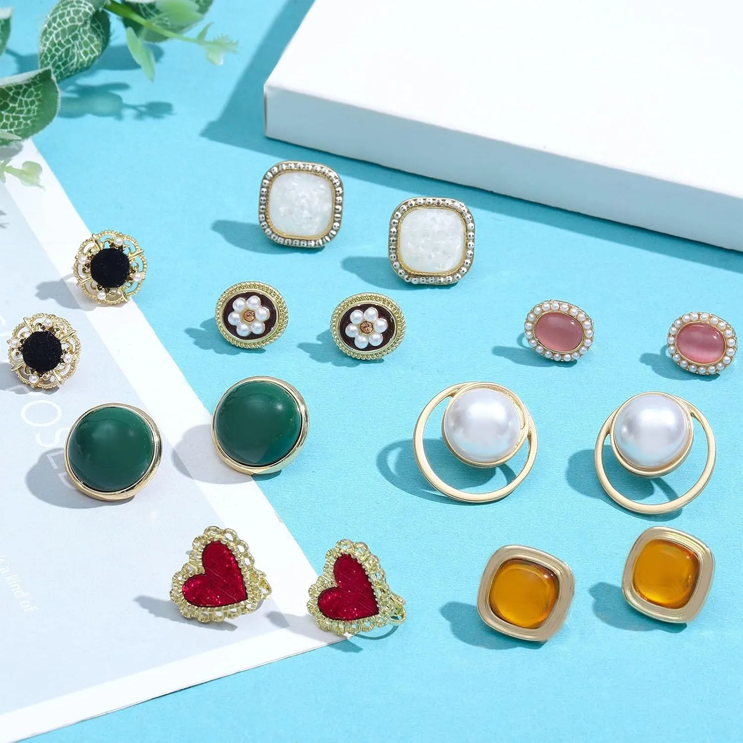 NEWITIN 12 Pairs Clip On Earrings for Women Cute Earring Crystal Pearl Stud Charming Fashion Earring Non Piercing Clip on Stud Earrings for Women