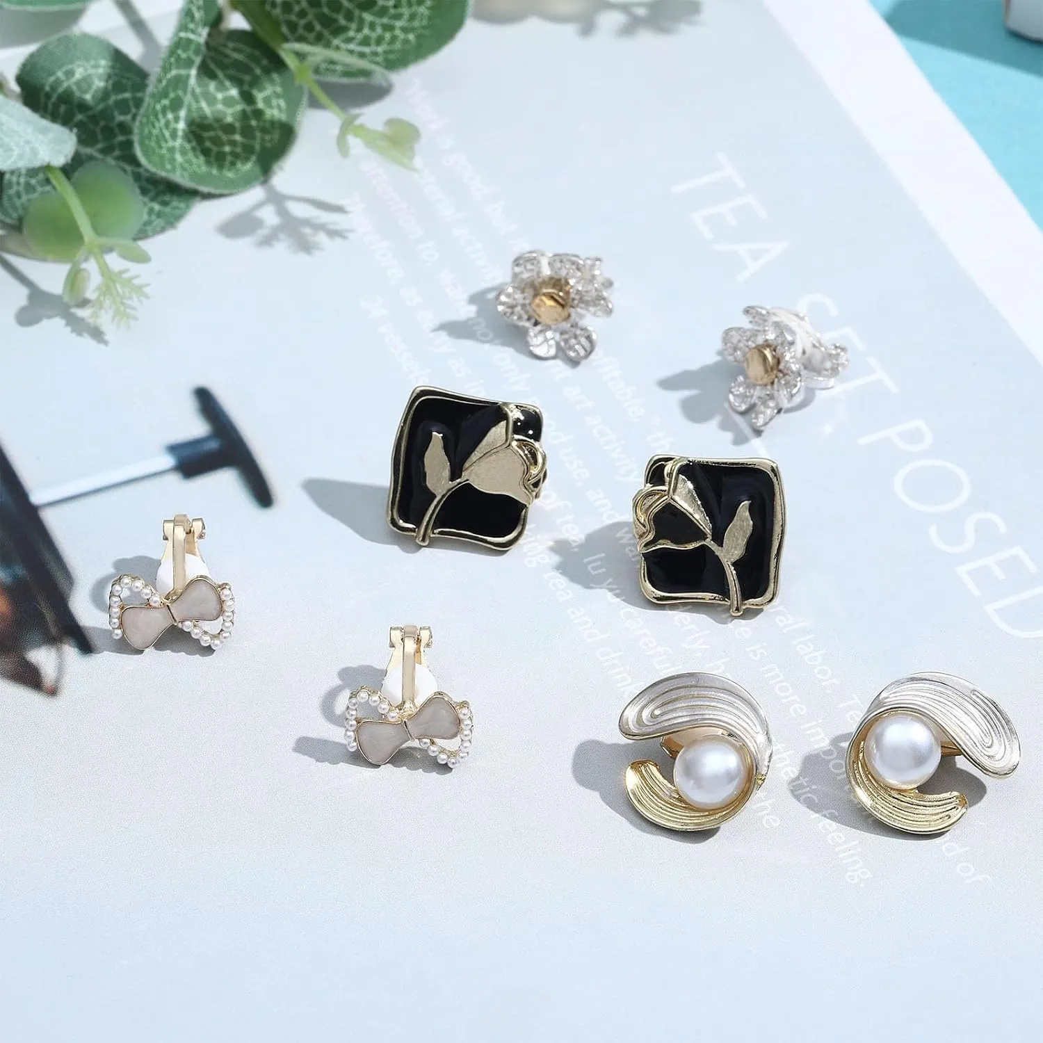 NEWITIN 12 Pairs Clip On Earrings for Women Cute Earring Crystal Pearl Stud Charming Fashion Earring Non Piercing Clip on Stud Earrings for Women