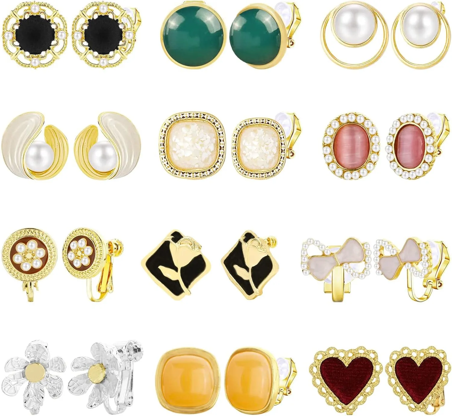NEWITIN 12 Pairs Clip On Earrings for Women Cute Earring Crystal Pearl Stud Charming Fashion Earring Non Piercing Clip on Stud Earrings for Women