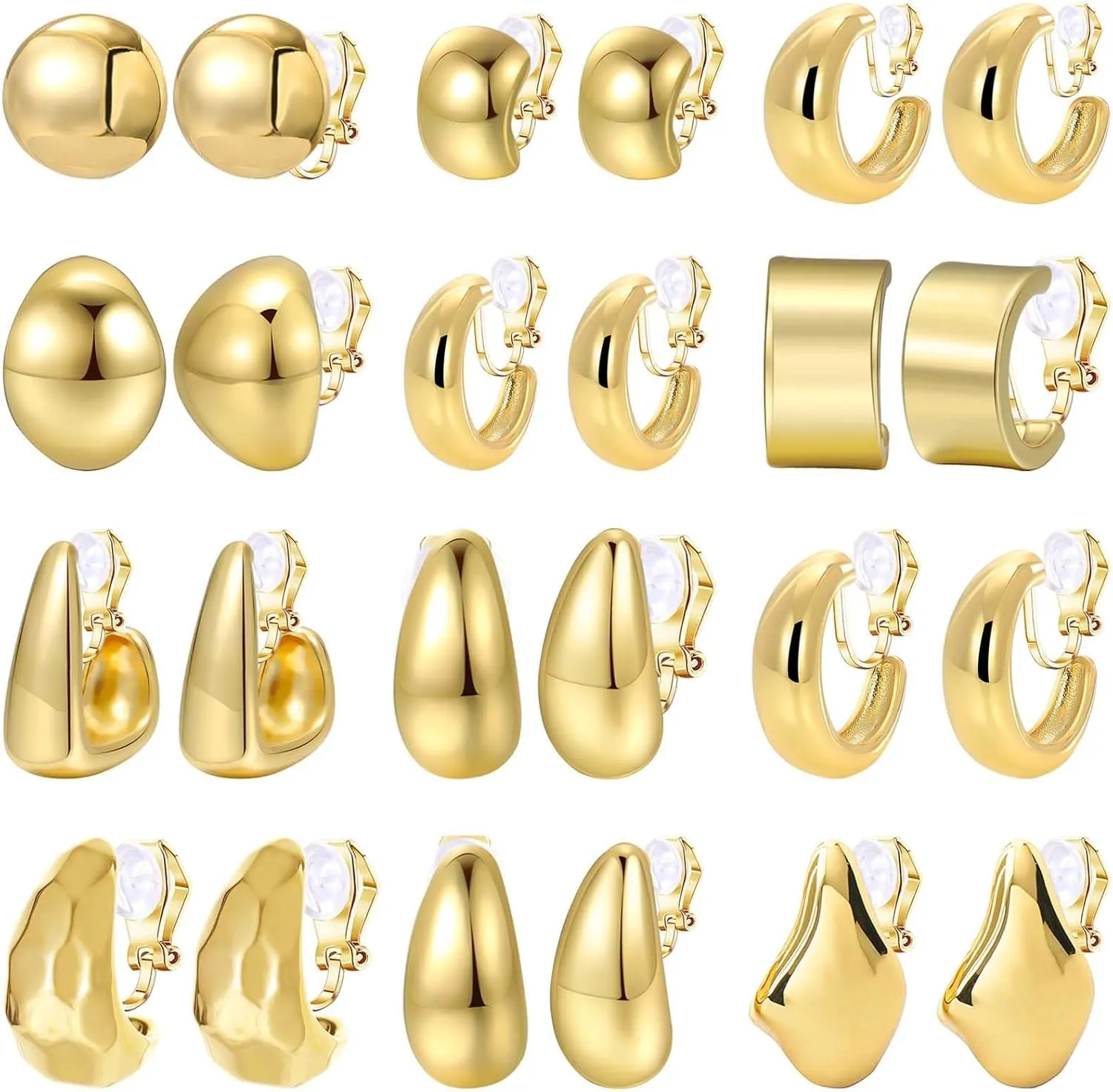 NEWITIN 12 Pairs Gold Clip On Hoop Earrings for Women Retro Chunky Hoop Earring Multiple No Piercing Fake Earring Clip On Earrings for Women