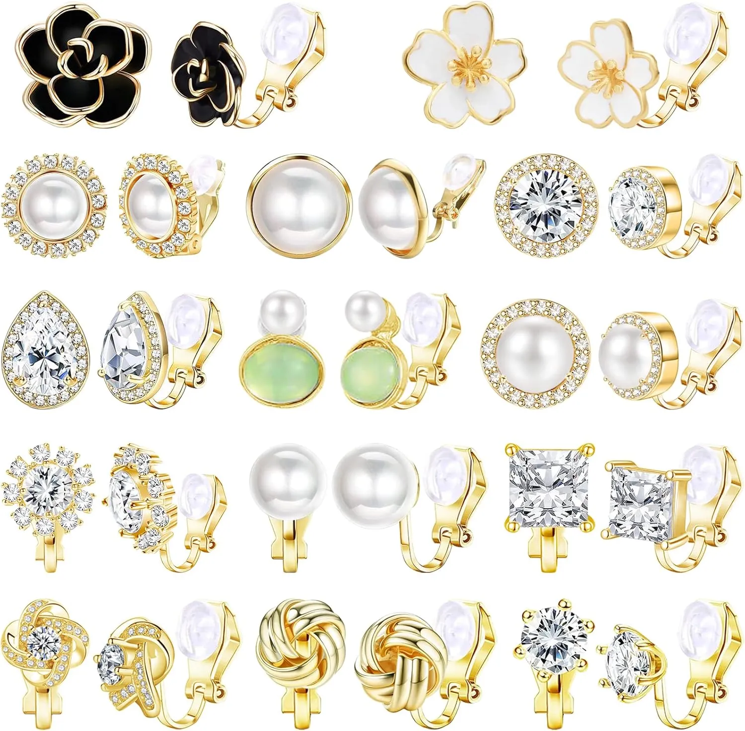 NEWITIN 14 Pairs Clip On Earrings for Women Cute Earring Crystal Pearl Stud Charming Fashion Earring Non Piercing Clip on Stud Earrings for Women