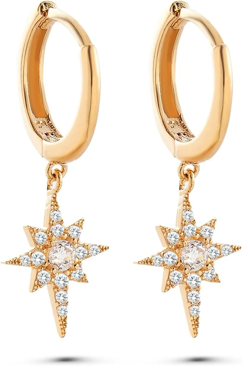 North Star Earrings, 14K Real Gold Celestial Earrings, Dainty Custom Star Earrings, Minimalist Gold North Star Earrings