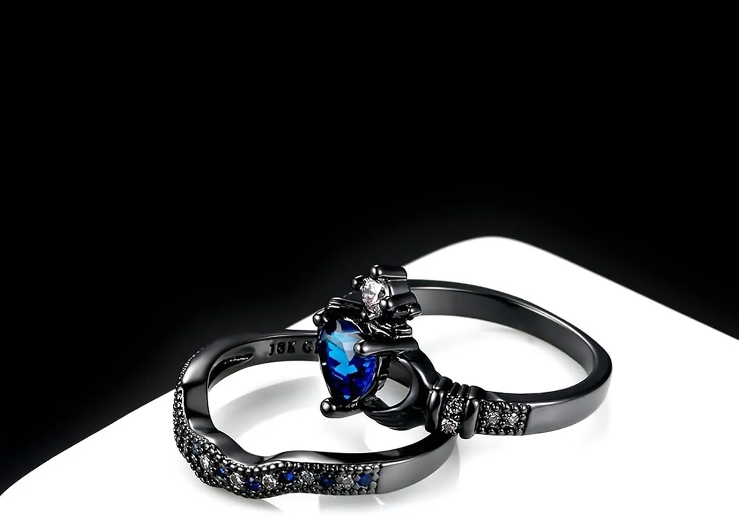 OIDEA Promise Rings for Women Men - His and Hers Matching Couple Ring, Engagement Ring Wedding Ring Band Set, Black and Blue Heart Shaped Crown Sapphire Cubic Zirconia Rings