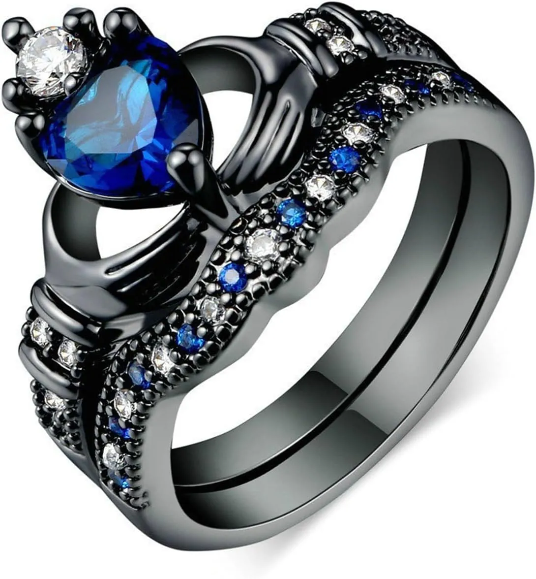 OIDEA Promise Rings for Women Men - His and Hers Matching Couple Ring, Engagement Ring Wedding Ring Band Set, Black and Blue Heart Shaped Crown Sapphire Cubic Zirconia Rings