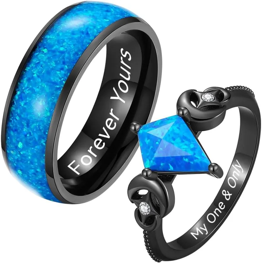 Opal Couple Rings Set - Promise Rings for Couples, Matching Rings for Couples, Blue Fire Opal Couple Rings, Wedding & Engagement Couples Rings