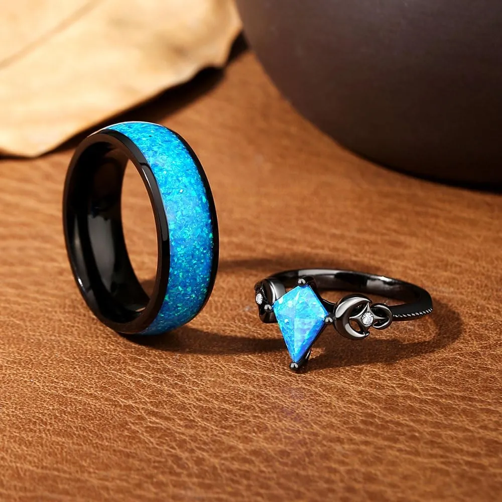 Opal Couple Rings Set - Promise Rings for Couples, Matching Rings for Couples, Blue Fire Opal Couple Rings, Wedding & Engagement Couples Rings