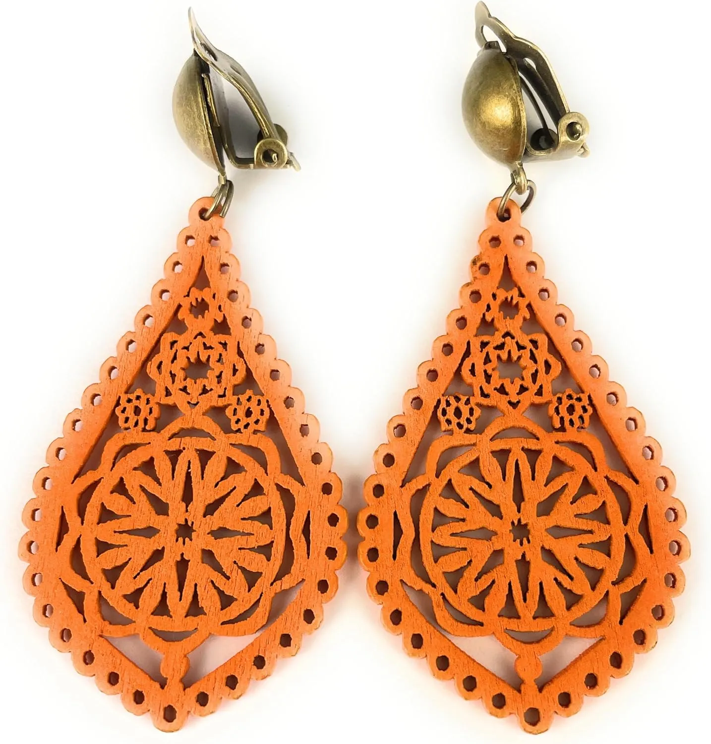 Orange Clip On earrings Big wood filigree teardrop pendant clips lightweight Halloween clip on earrings 2.75 inches long