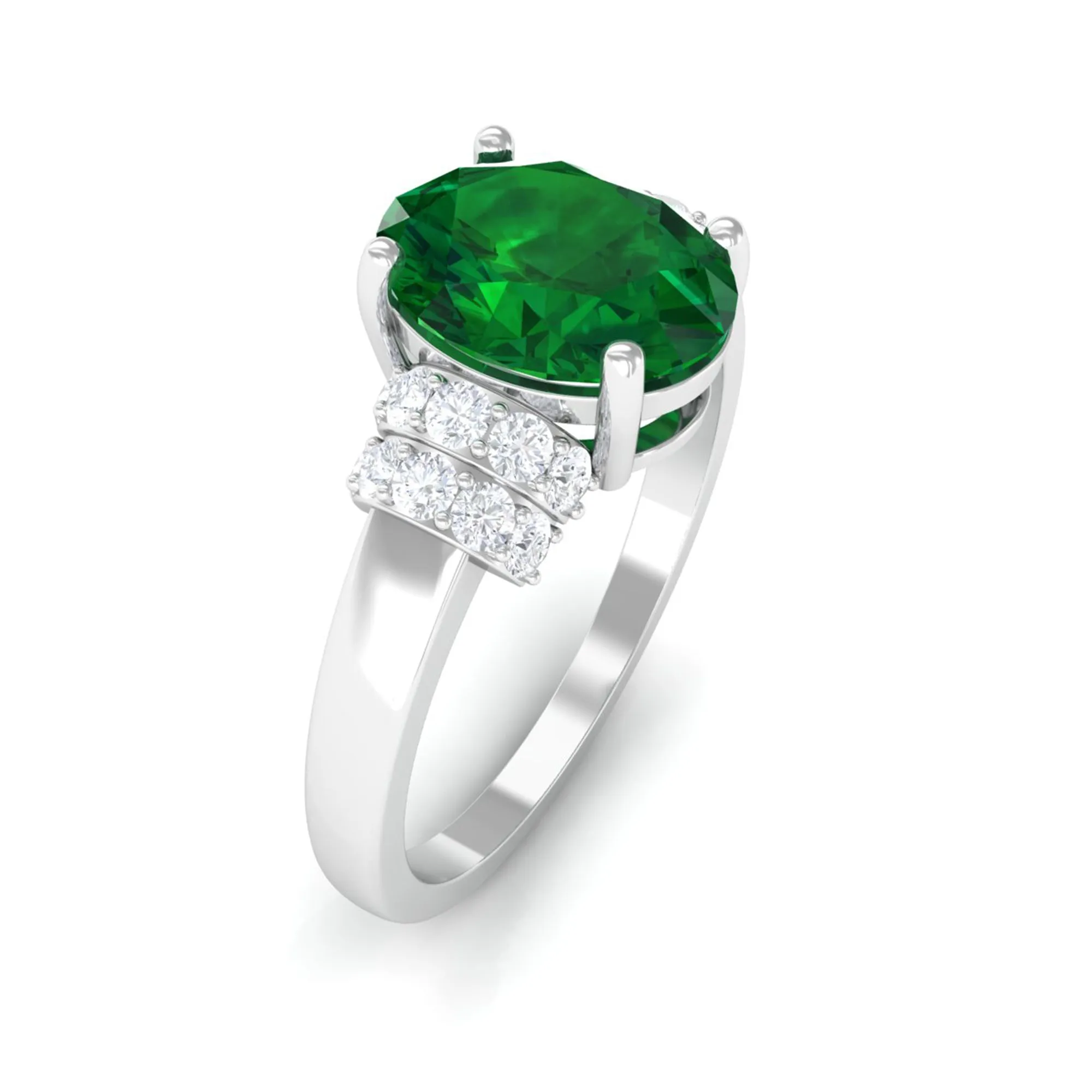 Oval Created Emerald Engagement Ring with Diamond Collar