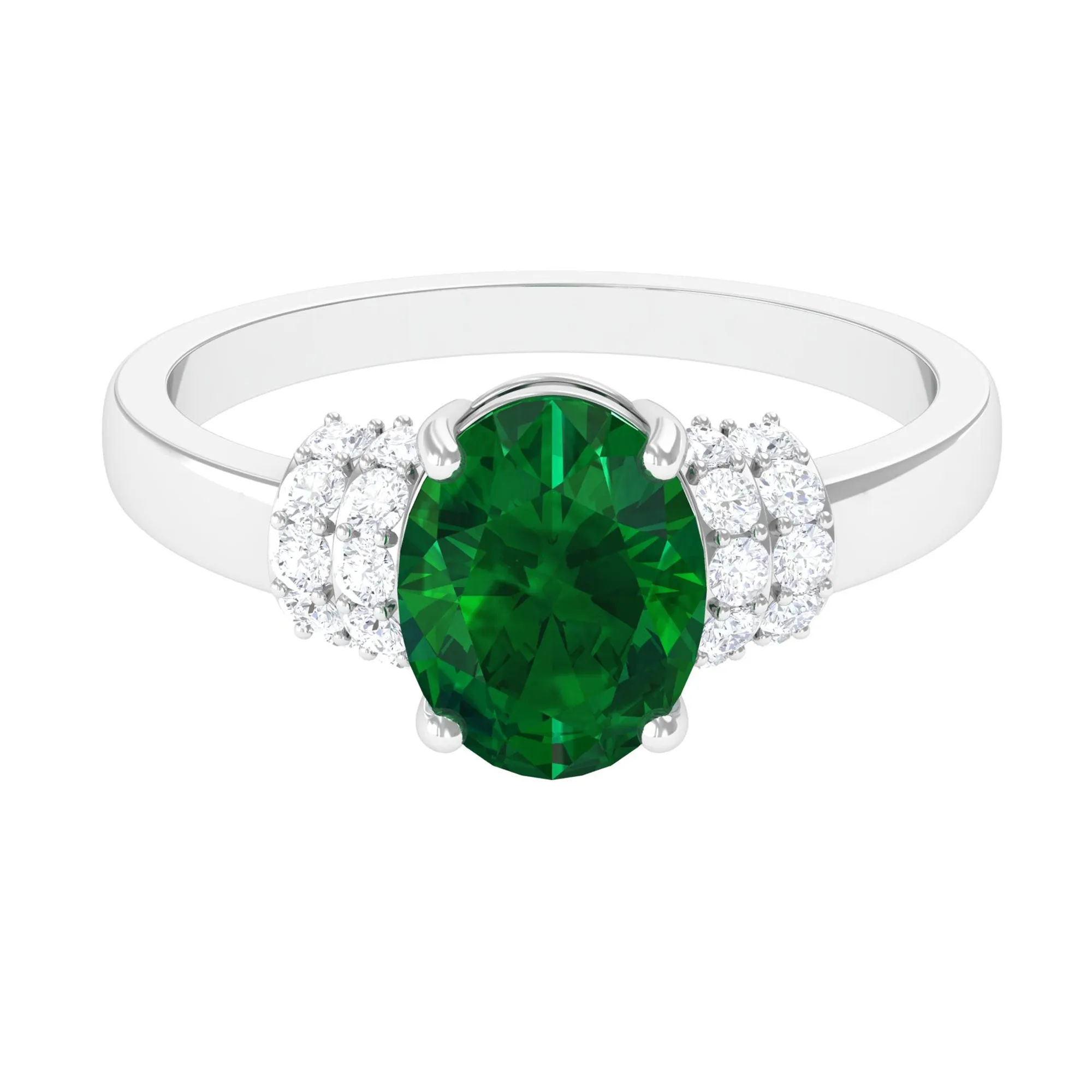 Oval Created Emerald Engagement Ring with Diamond Collar