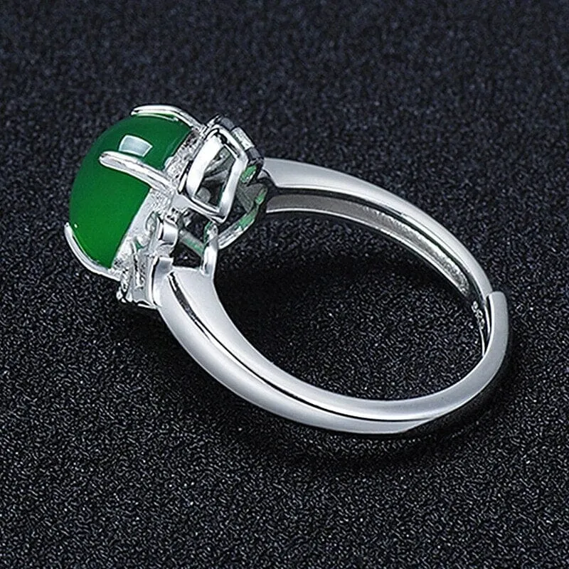 Oval Shape Emerald Resizable Silver Ring