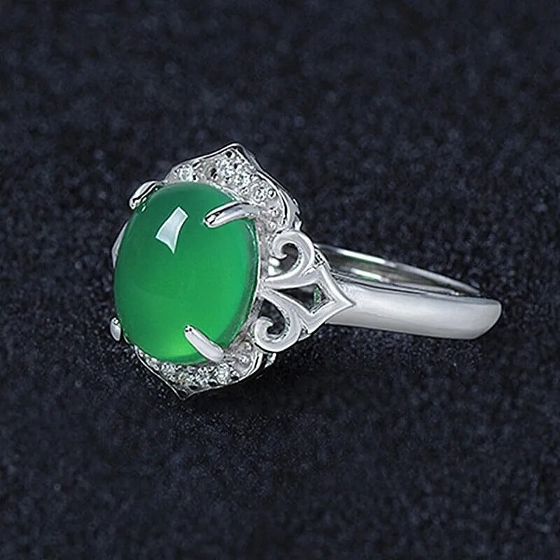 Oval Shape Emerald Resizable Silver Ring