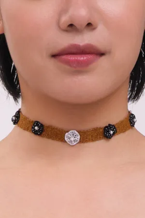 🌻OVER 500🌞GIFT WITH PURCHASE!!🐡 Choker in Brick Linen with Black/White Ribbon Flowers