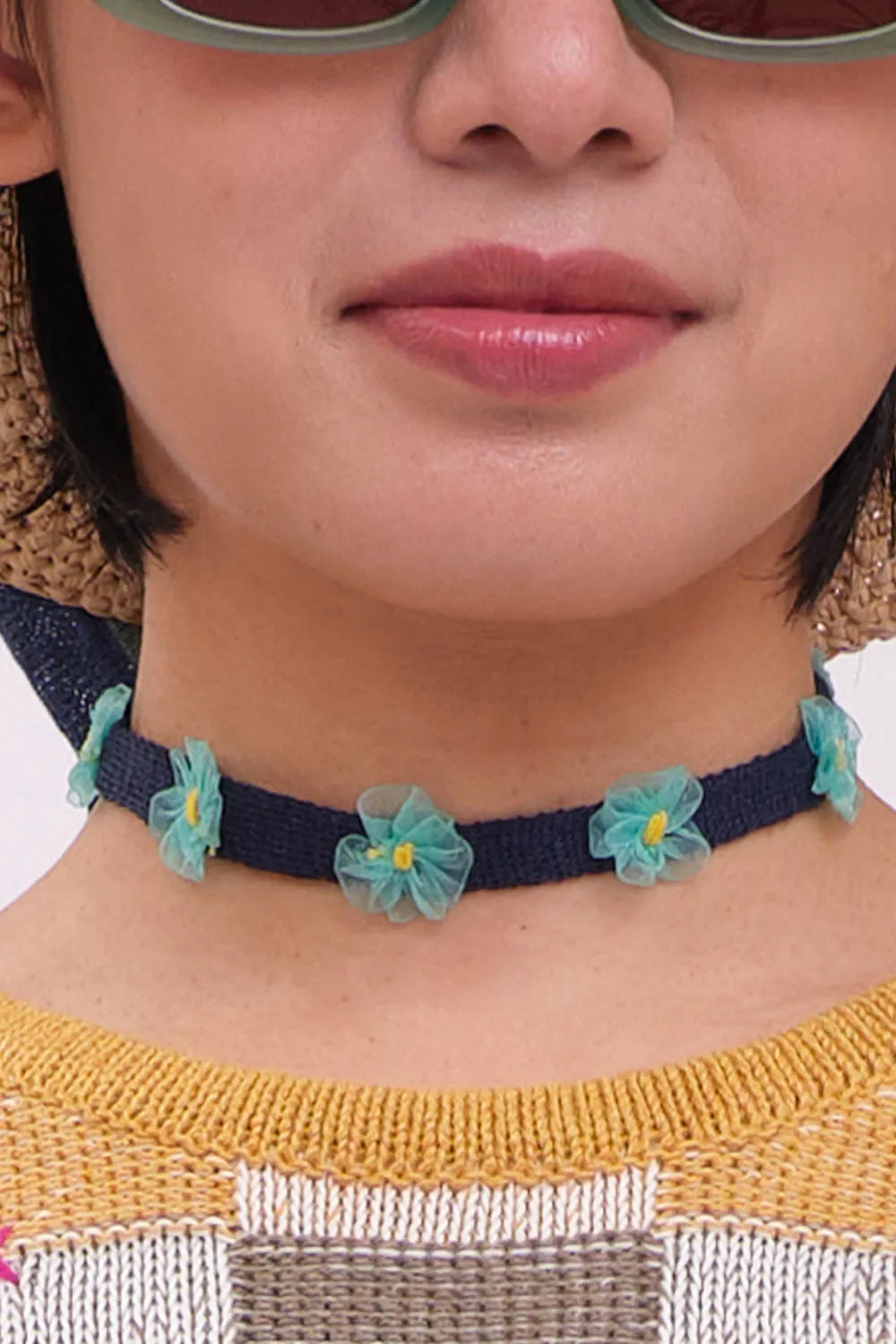 🌻OVER 500🌞GIFT WITH PURCHASE!!🐡 Choker in Navy Linen with Turquoise Ribbon Flowers