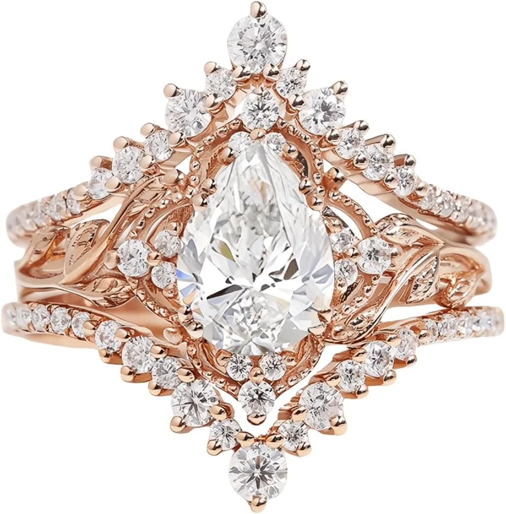 Pear Shape Gemstone Engagement Rings for Women 10K 14K 18K White Yellow Rose Gold Gemstone Wedding Ring Set Bridal Set 3pcs Leaf V Shaped Wedding Band Anniversary Promise Rings
