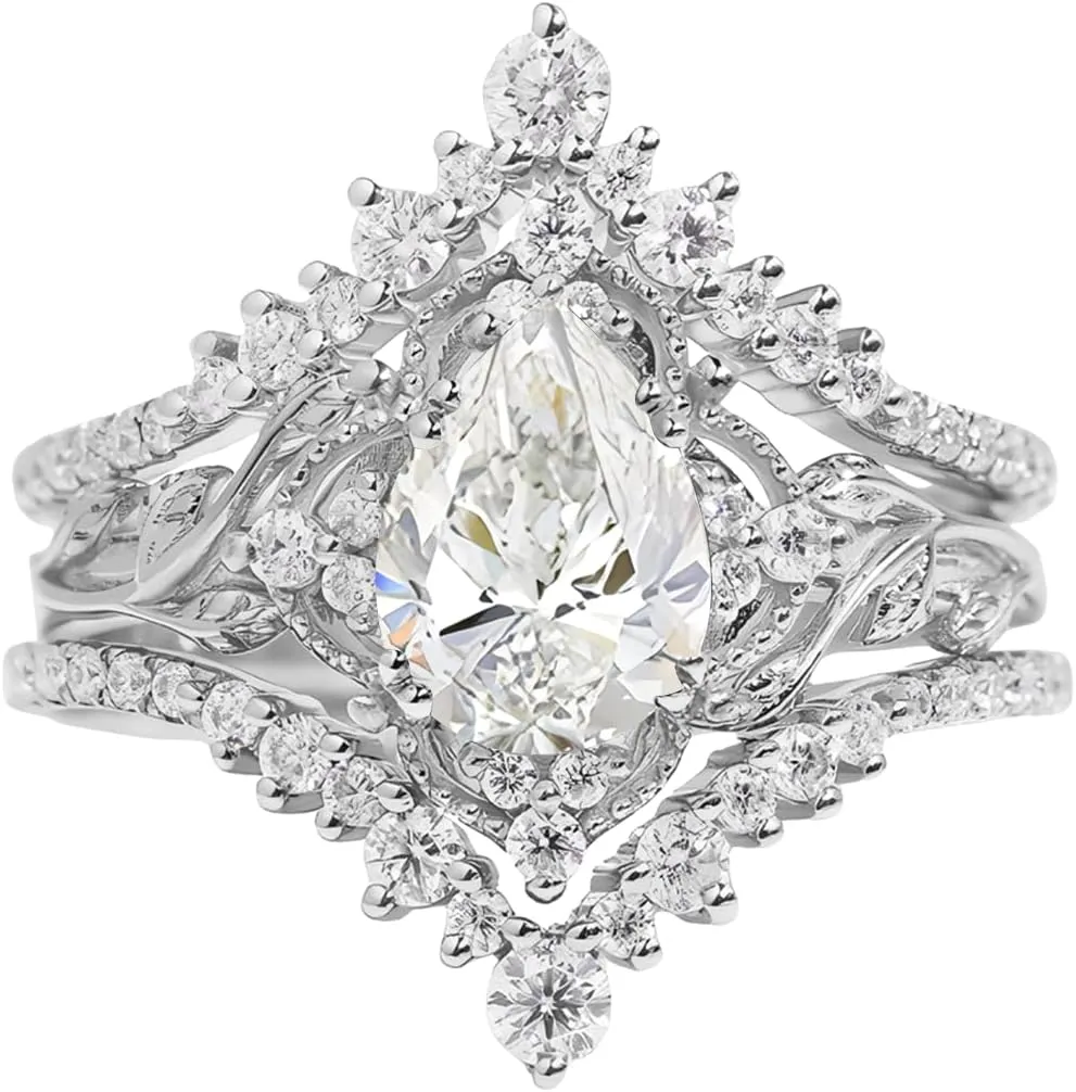 Pear Shape Gemstone Engagement Rings for Women 10K 14K 18K White Yellow Rose Gold Gemstone Wedding Ring Set Bridal Set 3pcs Leaf V Shaped Wedding Band Anniversary Promise Rings