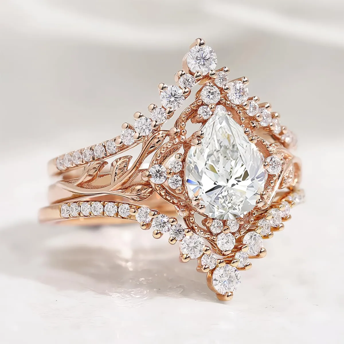 Pear Shape Gemstone Engagement Rings for Women 10K 14K 18K White Yellow Rose Gold Gemstone Wedding Ring Set Bridal Set 3pcs Leaf V Shaped Wedding Band Anniversary Promise Rings