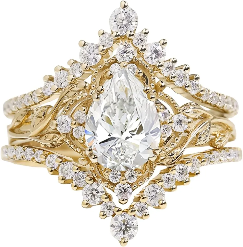 Pear Shape Gemstone Engagement Rings for Women 10K 14K 18K White Yellow Rose Gold Gemstone Wedding Ring Set Bridal Set 3pcs Leaf V Shaped Wedding Band Anniversary Promise Rings