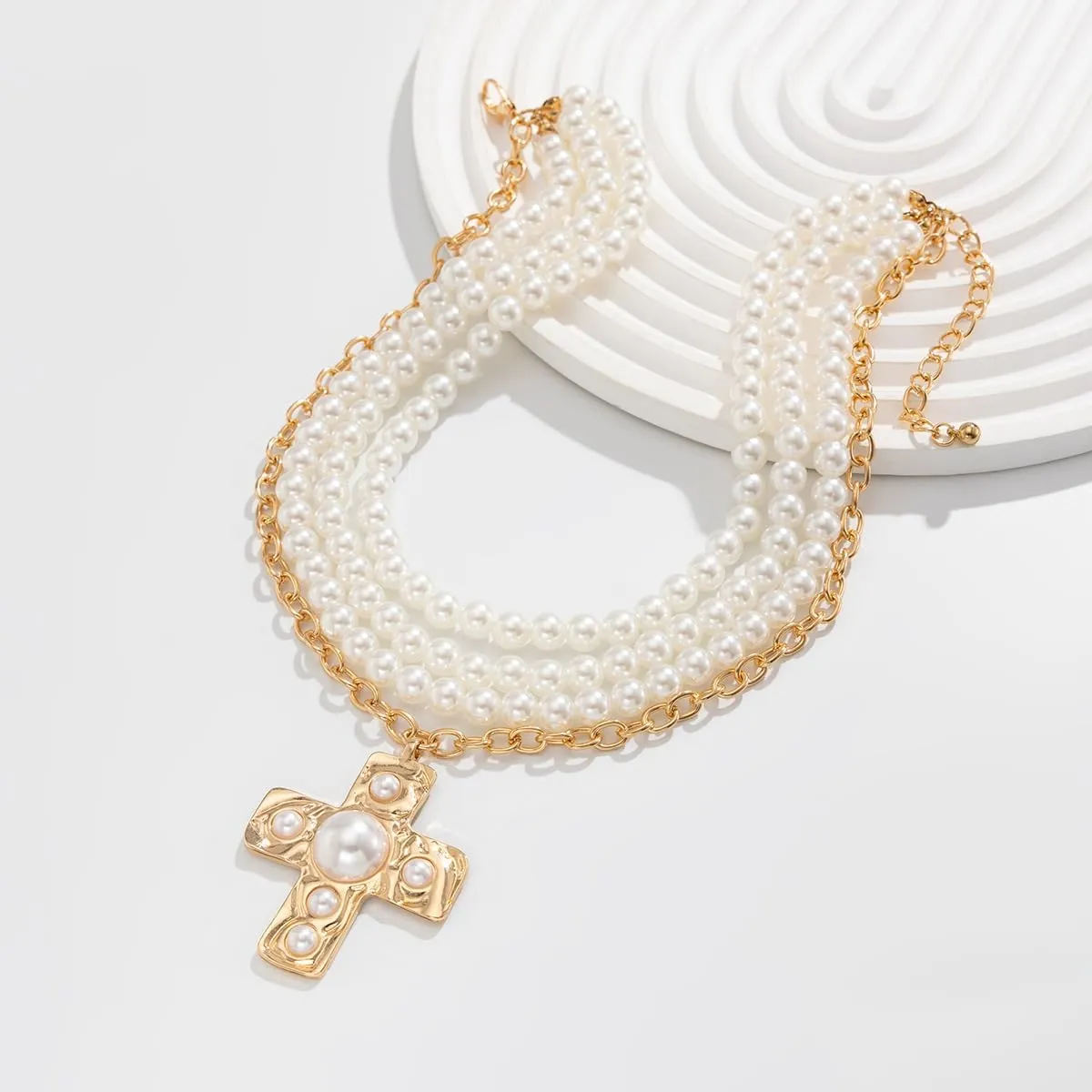 Pearl Cross Necklace for Women Chunky Gold Cross Necklace Layered Cross Pearl Stacked Choker Necklace OT Buckle Chain Chunky Gold Statement Cross Pendant Necklace