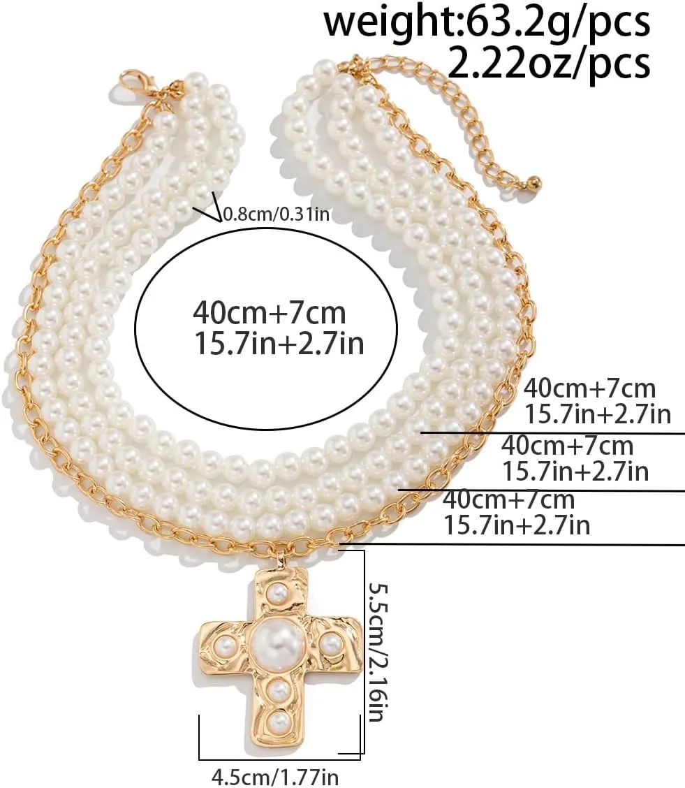 Pearl Cross Necklace for Women Chunky Gold Cross Necklace Layered Cross Pearl Stacked Choker Necklace OT Buckle Chain Chunky Gold Statement Cross Pendant Necklace