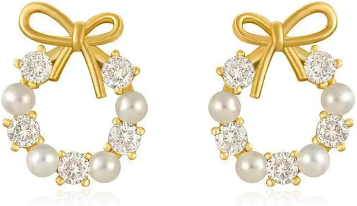 Pearl Drop Earrings for Women Trendy Bow Stud Earring 14K Gold Plated Gold/Silver Lightweight Hypoallergenic Earrings(ST-1014)