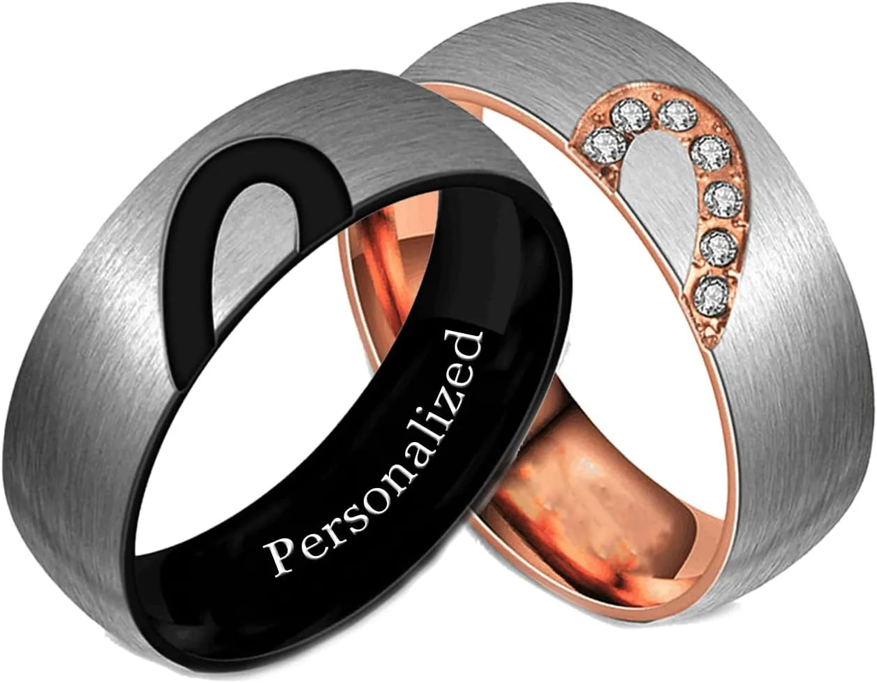 Personalized Heart Promise Couple Rings Matching Heart Fingerprint Engraved Titanium Steel for Couples Wedding Engagement Band Rings Width 8mm 6mm