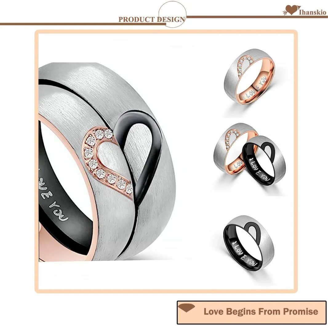 Personalized Heart Promise Couple Rings Matching Heart Fingerprint Engraved Titanium Steel for Couples Wedding Engagement Band Rings Width 8mm 6mm